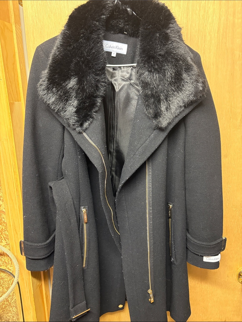 Calvin Klein Black Wool-Blend Trench Coat with Faux Fur Collar